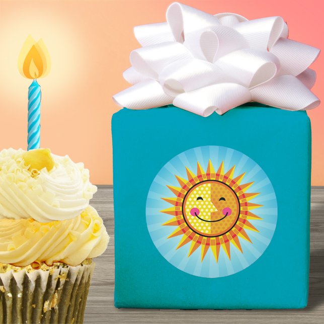 Pegatina Redonda Sol sonriente lindo Naranja amarillo azul (Subido por el creador)