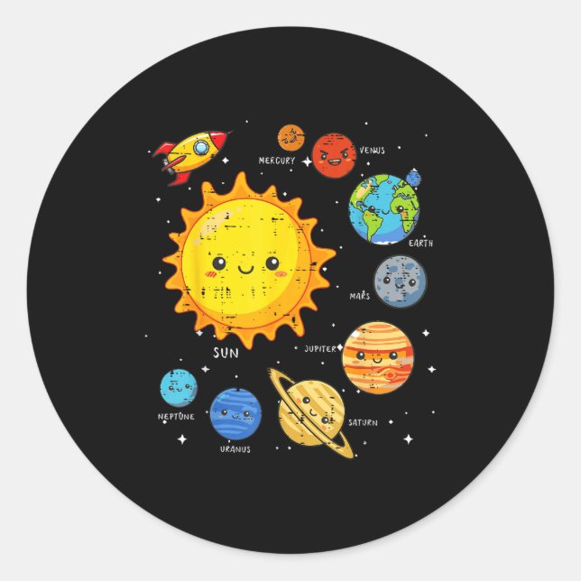Pegatina Redonda Solar System Sun Planets Rocket Space Galaxy Kids  (Anverso)