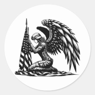 Pegatina Redonda soldado ángel mujer Bandera de Estados Unidos Arte