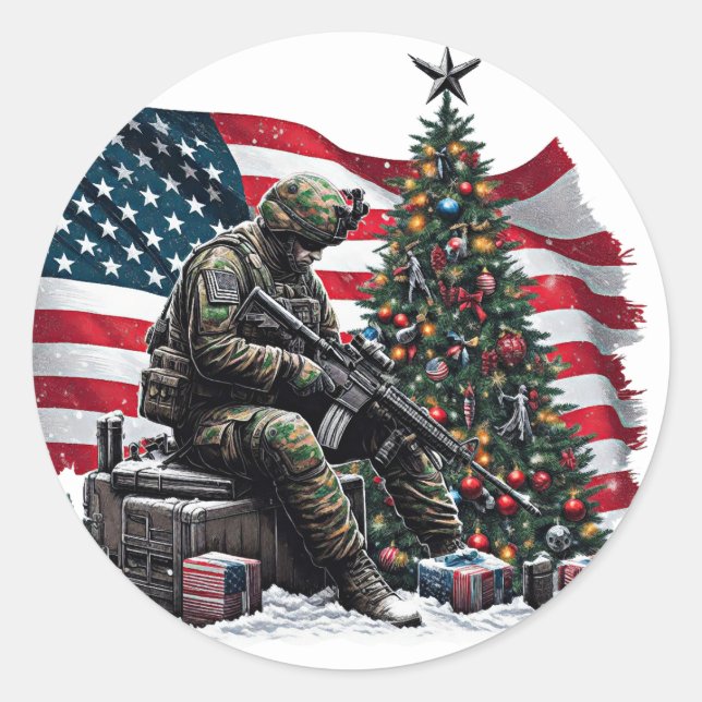 Pegatina Redonda Soldado norteamericano Bandera Estadounidense Arte (Anverso)