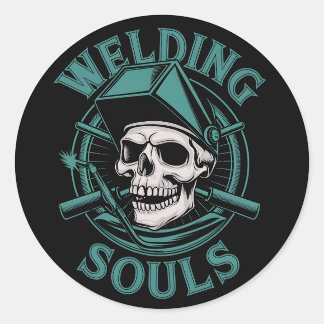 Pegatina Redonda Soldaduras máscara de cráneo retro y herramientas  (Anverso)