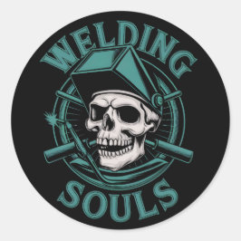 Pegatina Redonda Soldaduras máscara de cráneo retro y herramientas 