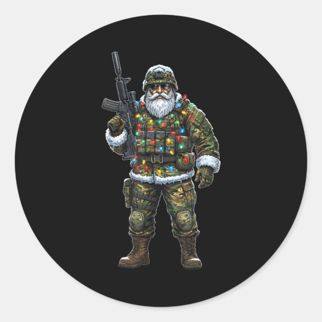 Pegatina Redonda Soldier Santa Camouflage Christmas Military Hunter (Anverso)