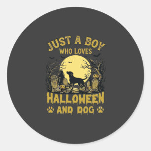 Pegatina Redonda Solo Niño Que Ama Halloween Perro Luna Llena
