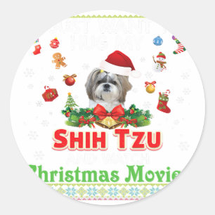Pegatina Redonda Solo Quiero Abrazarme De Shih Tzu Y Ver Navidades