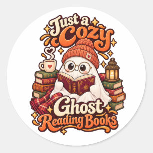 Pegatina Redonda Sólo un fantasma acogedor leyendo libros Halloween