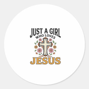 Pegatina Redonda Sólo una chica que ama a Jesús Camiseta de cruz fl