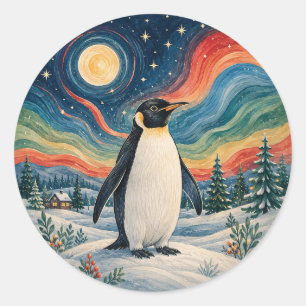 Pegatina Redonda Solsticio de Invierno del Pingüino Celestial