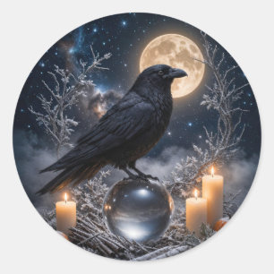 Pegatina Redonda Solsticio de Invierno Yule Cuervo y Nieve