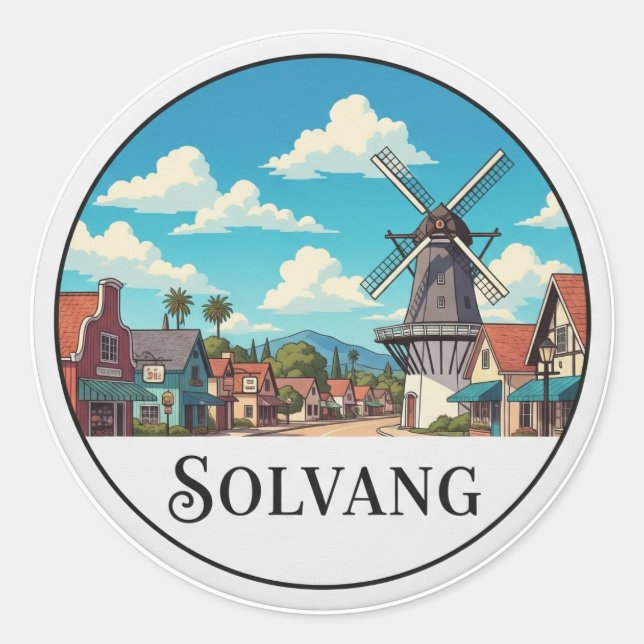 Pegatina Redonda Solvang California Antiguo (Anverso)