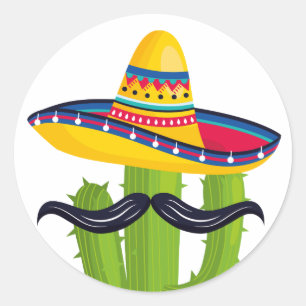 Pegatina Redonda Sombrero con cactus con bigote