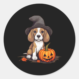 Pegatina Redonda Sombrero de Bruja de Halloween Calabaza Perro Beag