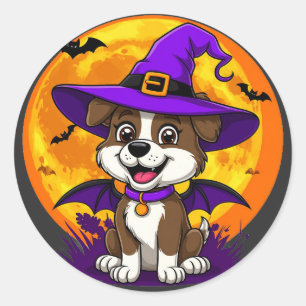 Pegatina Redonda Sombrero de Bruja de Perro Alegre Halloween