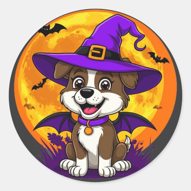 Pegatina Redonda Sombrero de Bruja de Perro Alegre Halloween (Anverso)
