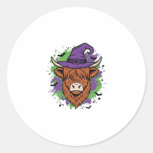 Pegatina Redonda Sombrero de bruja de vaca de las Highlands de Hall
