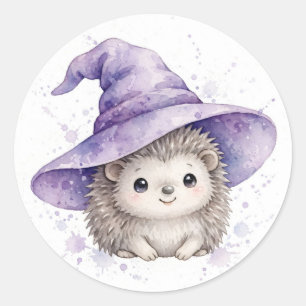 Pegatina Redonda Sombrero de Bruja Erizo Lindo