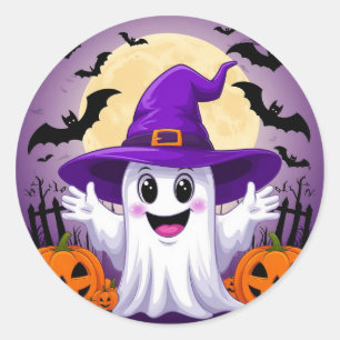 Pegatina Redonda Sombrero de Bruja Fantasma Calabaza Lindo Dibujo A