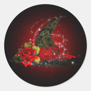 Pegatina Redonda Sombrero de Bruja Glam Lace Negro Rojo Brillo Favo