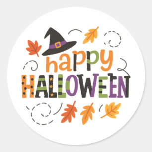 Pegatina Redonda Sombrero de Bruja Lindo Fiesta Feliz Halloween