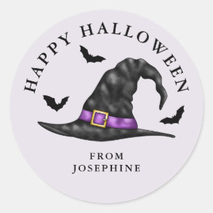 Pegatina Redonda Sombrero De Bruja Y Murciélagos Lila Feliz Hallowe