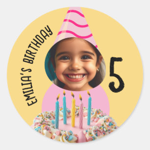 Pegatina Redonda Sombrero de pastel de cumpleaños con foto personal