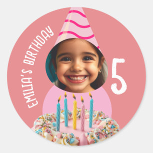 Pegatina Redonda Sombrero de pastel de cumpleaños con foto personal