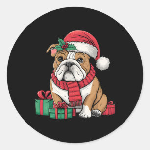 Pegatina Redonda Sombrero de Santa con luces de Navidad Bulldog Ing