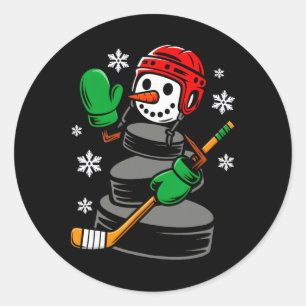 Pegatina Redonda Sombrero de Santa de Hockey Muñeco de Nieve Navida