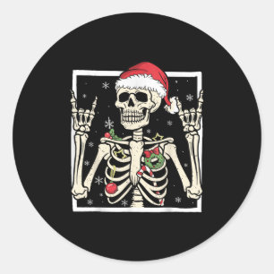 Pegatina Redonda Sombrero de Santa Esqueleto Rocker Genial Navidad
