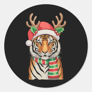 Pegatina Redonda Sombrero de Santa Reno Tigre Navidad Xmas Fiesta