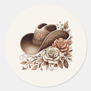 Pegatina Redonda Sombrero de vaquera country western con flores