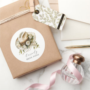 Pegatina Redonda Sombrero de vaquera floral personalizado con nombr