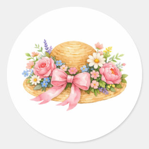 Pegatina Redonda Sombrero de verano de acuarela con flores y cinta