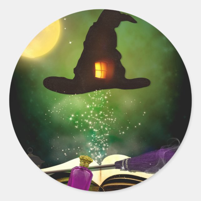 Pegatina Redonda Sombrero Mágico y Libro de Hechizos Mágicos Fiesta (Anverso)