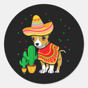 Pegatina Redonda Sombrero mexicano de perro chihuahua