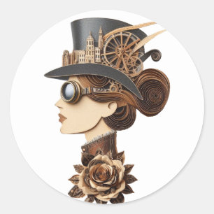 Pegatina Redonda sombrero steampunk cara de mujer arte moderno