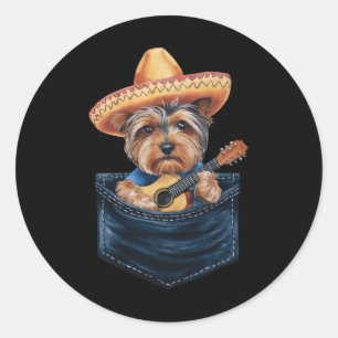 Pegatina Redonda Sombrero Yorkshire Terrier Dog Jugando Guitarra Ci