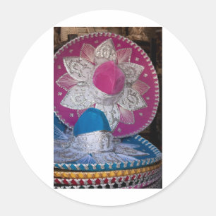 Pegatina Redonda Sombreros azul y rosa