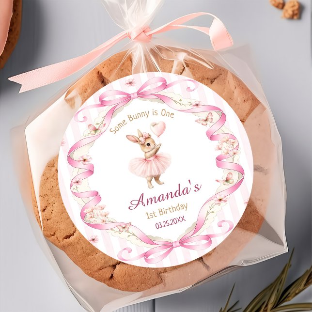 Pegatina Redonda Some Bunny is One Pink Bow Gingham 1st Birthday (Subido por el creador)