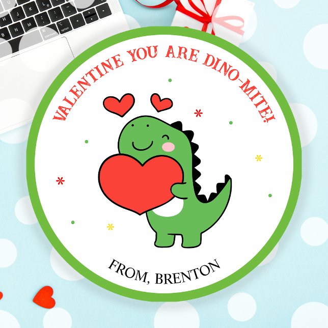 Pegatina Redonda Son Pegatinas Dino-Mite De Dinosaurios Día de San  (You Are Dino-Mite Dinosaur Valentines Day Stickers)