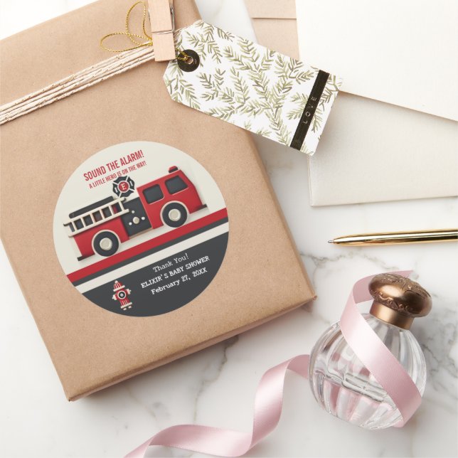 Pegatina Redonda Sonar la alarma del Baby Shower del bombero Minima (Regalar)