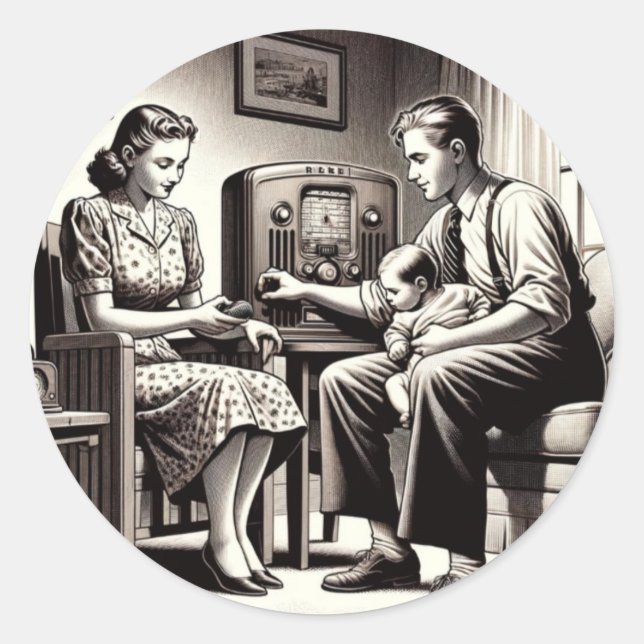 Pegatina Redonda Sonidos Pegajosos: Radiodifusión Por Todas Partes. (Anverso)