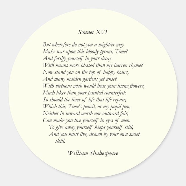 Pegatina Redonda Sonnet # 16 de William Shakespeare (Anverso)