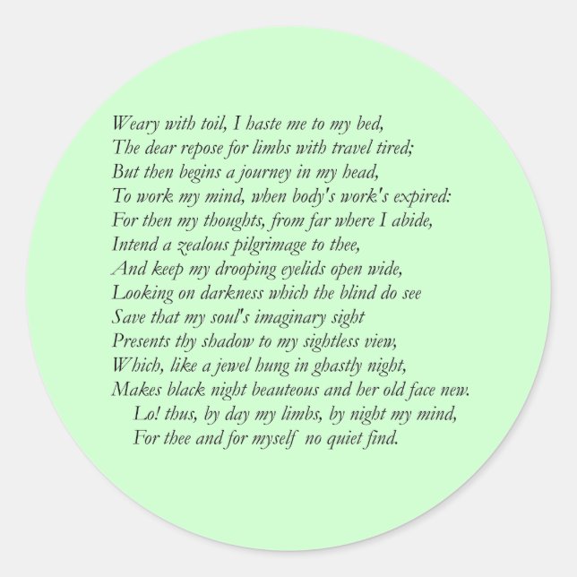 Pegatina Redonda Sonnet # 27 de William Shakespeare (Anverso)
