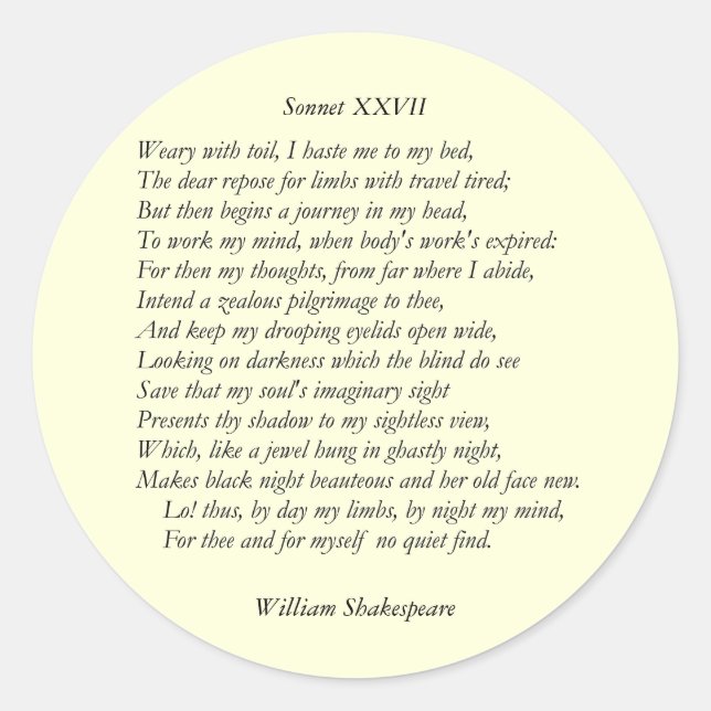 Pegatina Redonda Sonnet # 27 de William Shakespeare (Anverso)