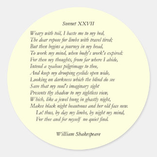 Pegatina Redonda Sonnet # 27 de William Shakespeare