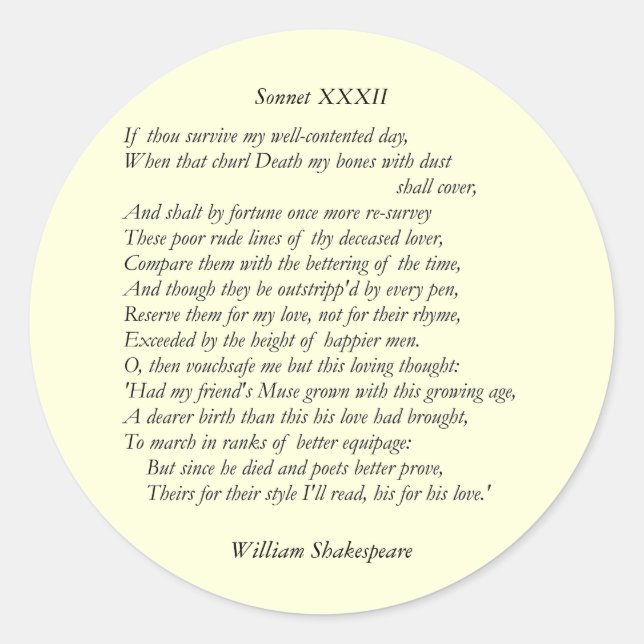 Pegatina Redonda Sonnet # 32 de William Shakespeare (Anverso)