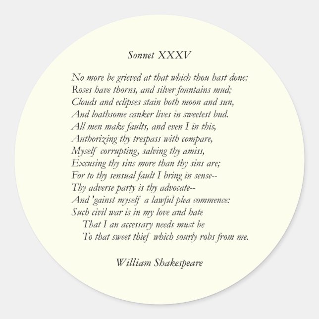 Pegatina Redonda Sonnet # 35 de William Shakespeare (Anverso)