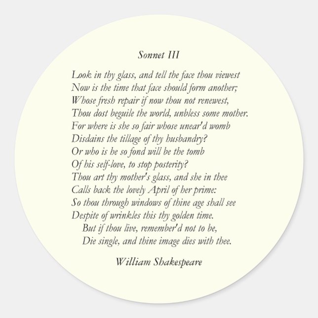 Pegatina Redonda Sonnet # 3 de William Shakespeare (Anverso)