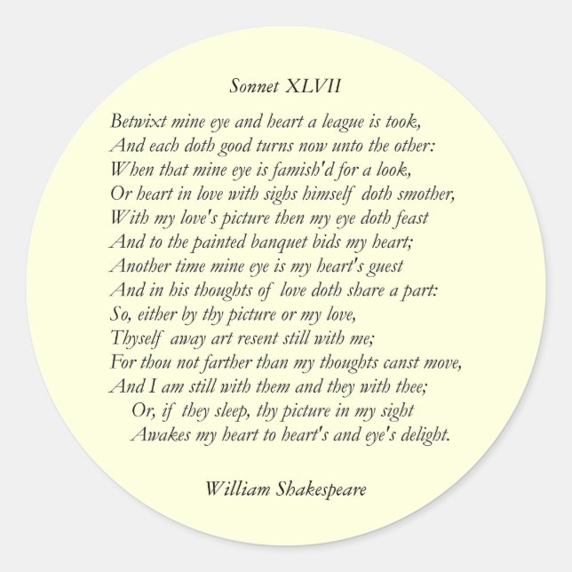 Pegatina Redonda Sonnet # 47 de William Shakespeare (Anverso)